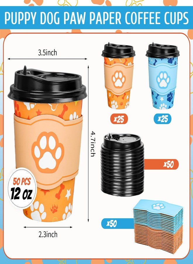 JarThenaAMCS 50Pcs Birthday Dog Paw Disposable Coffee Cup with Lids and Sleeves 12Oz Blue Orange Paw Themed Paper Drinking Cups for Puppy Pet Baby Shower Party Supplies - Image 2
